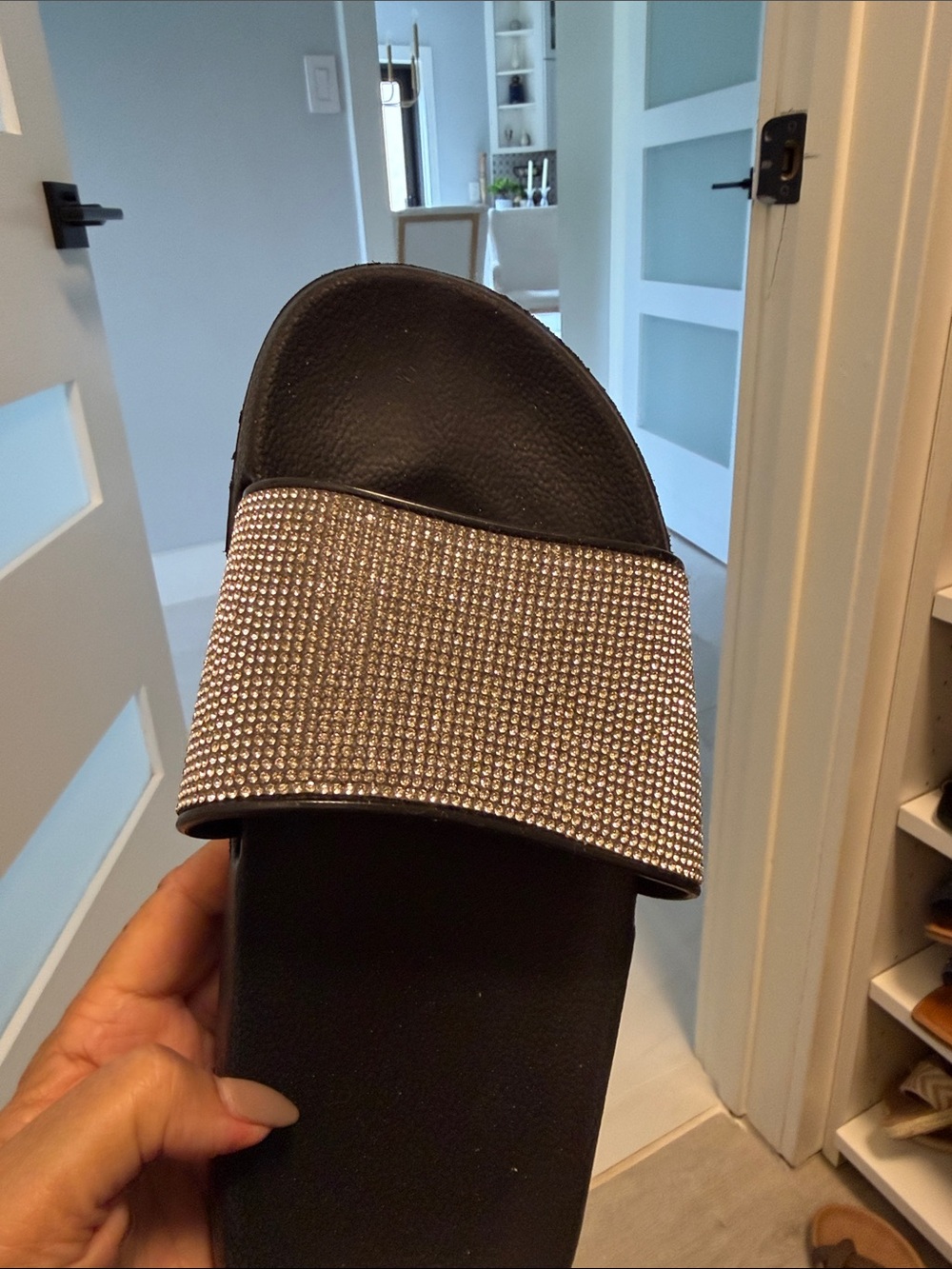 Crystal-Embellished Black Slide Sandal